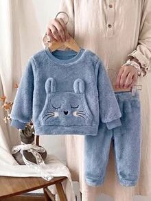 SHEIN 新生女嬰卡通刺繡3D耳朵設計衛衣與秋冬長褲套裝 - 霧霾藍 - 查看 5