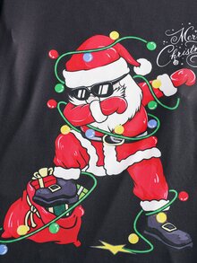青少年男孩聖誕老人秋冬睡衣套裝，聖誕樹字母雪花印花，修身短袖短褲 - 黑色 - 查看 4