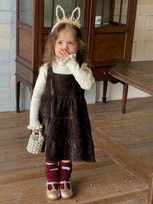 DAZY Infant/Toddler (Girl) Solid Color Autumn/Winter Layered Korean Style Casual Pinafore Dress - Coffee Brown - View 6