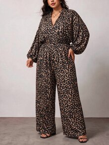 Truni Plus-Size Women's Retro Leopard Print Waist-Cinching Long-Sleeved JumpsuitPear Body,Triangle Body - Multicolor - View 3