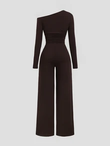 Sweetra New Autumn/Winter Fashion Elegant Sexy Cold Shoulder Long Sleeve Slim Fit Flattering Y2K Design Decor Metal Buckle Minimalist Daily Date Commute Versatile Jumpsuit - Coffee Brown - View 2
