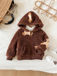 SHEIN LMoss Kids 女嬰休閒純色可愛愛心圖案毛茸茸連帽冬季外套 - 棕色 - 查看 3