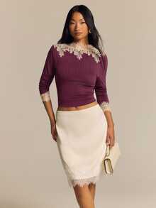 COSMINA Women's Long Sleeve Top Lace Patchwork Contrast Color Design Purple Top For Autumn/Winter - Multicolor - View 4