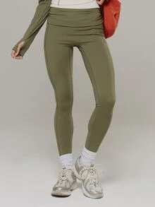 Musera Sport طقم رياضي ضيق بخصر مطوي ومكشكش بطبقتين، ليقنز للتمارين الرياضية والنشاطات الخارجية والجيم، Terra Peak - أخضر - مشاهدة 2