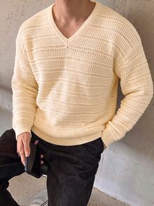 TONEVAULT Men's V-Neck 3D Horizontal Striped Knit Sweater, Old Money Style Textured Drop Shoulder Long Sleeve Casual Versatile Pullover, Autumn/Winter - Apricot - View 3