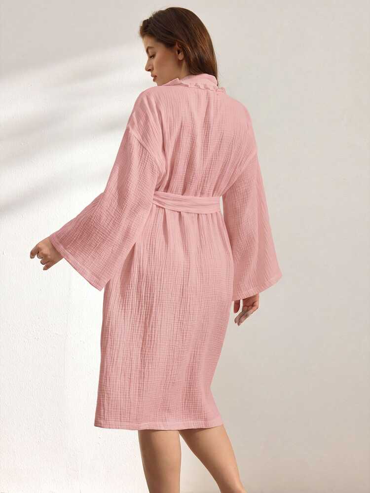 Ocili Leisure Pure Cotton Double Layer Crinkle Fabric Minimalist Comfortable Frill Trim Long Robe Women's Loungewear Plus Size - Pink - View 3