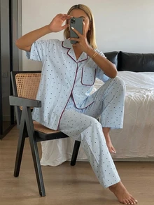 DAZY 2pcs/Set Women's Polka Dot All-Over Print Short Sleeve Cardigan Top & Straight Leg Long Pajama Pants Sleepwear Set - Blue - View 11
