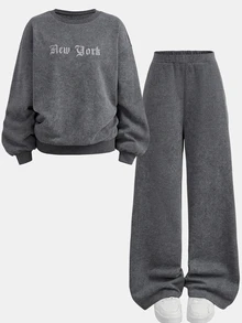 青少年女孩連帽衫與運動衫套裝，秋冬深灰色復古字母刺繡寬鬆抓絨運動衫與運動長褲2件套，街頭風與返校穿搭 - 黑色 - 查看 3