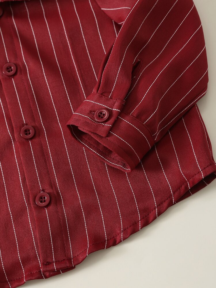 SHEIN Baby Boy Toddler 2pcs Autumn/Winter Casual Fashion Burgundy Striped Shirt Set, Baby Winter Outfit, Christmas - Burgundy - View 4