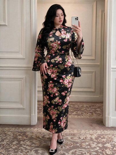 Vibekara Women's New Chinese Style Gold Velvet Modified Cheongsam, Rose Floral Water Drop Neck, Bell Sleeve, Waist-Cinching, Slit Dress Fall