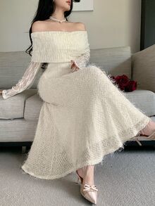 Feyla New French Design Lace Patchwork Square Neck 2-In-1 Effect Bodycon Mermaid Tail Elegant Evening Dress - Apricot - View 1