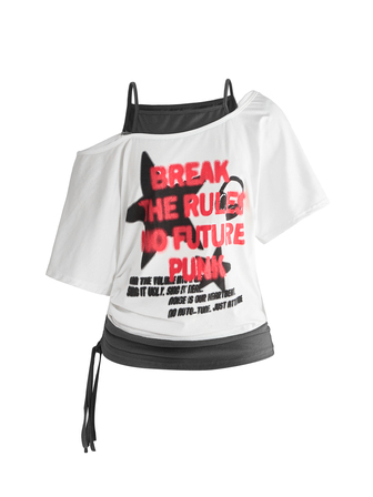 Maglietta da donna estiva stile grunge punk vintage con stampa a occhio, colorblock, 2 in 1, spalla asimmetrica e vestibilità ampia