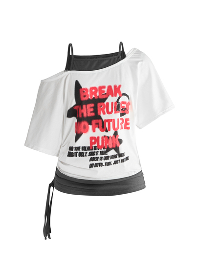Summer Grunge Punk Vintage Eye Print Colorblock 2 In 1 Asymmetric Shoulder Loose Fit Women's T-Shirt