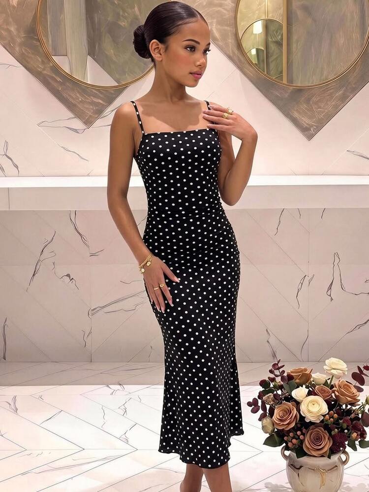 SHEIN Teen Girl Teen Girls Elegant Polka Dot Print Mesh Ruched Cami Dress, Teen Girl Spaghetti Strap Snug Fit Dress - Black - View 9