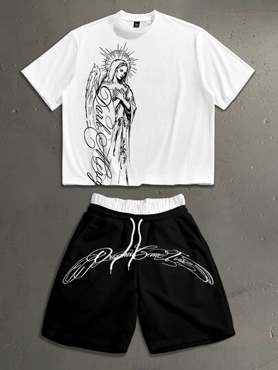 StoneGrade Compassionate Hands Crossed Virgin Mary Cursive English Letter Fashion Print Men's Standard Size Drop Shoulder Loose Fit Short Sleeve T-Shirt & Double Waistband Short Sweatpants Set