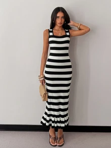 SHEIN Glamour Women's Striped Square Neck Sleeveless Fitted Elegant Knit Dress - Multicolor - View 10