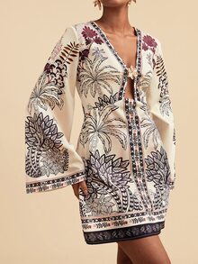 Travachic Women's Vacation Palm Tree Pattern Metal 3D Flower Decor Bell Sleeve Fashion Mini Dress - Multicolor - View 3