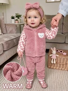 SHEIN Baby Girl Cartoon Embroidery Patchwork Leopard Print Long Sleeve Zipper Front Fleece Hooded Winter Jacket And Pants Set Autumn - Burgundy - View 12