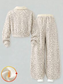 SHEIN 青少年女孩豹紋抓絨運動套裝，翻領短版套頭上衣與寬腿長褲 2 件組，舒適秋冬穿搭 - 彩色 - 查看 4