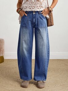 SHEIN PETITE 女款休閒百搭寬鬆版型弧形腿牛仔褲，附口袋 - 藍色 - 查看 2