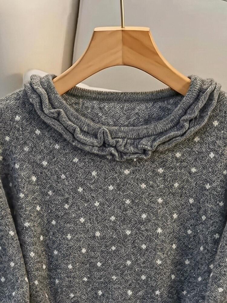 Muvela Women's Grey Polka Dot Long-Sleeved Sweater, Suitable For Autumn And Winter Wear, With Ruffled Bell Cuffs. - Light Grey - View 7