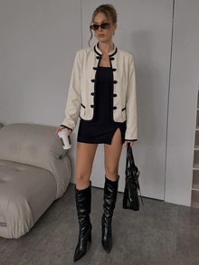 SHEIN BAE 女款時尚青蛙鈕扣長袖拼色夾克 日常穿著 黑白配色 秋季優雅 - 卡其色 - 查看 3