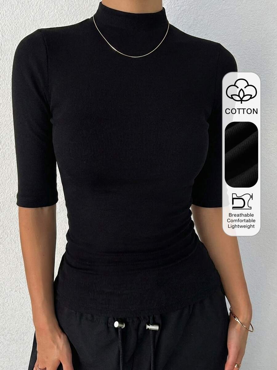 DAZY Women's Solid Color Casual Versatile Daily Wear T-Shirt - Black - View 1