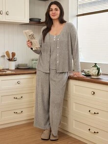 Doze Lane Plus Size Casual 3 Pieces Set Solid Color Comfortable Knit Camisole With Buttons Cardigan And Pants Autumn/Winter Home Sleepwear Grey Bridal - Khaki - View 6