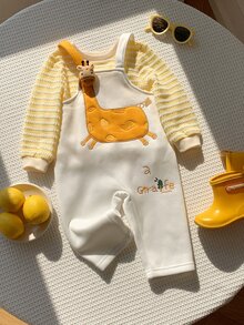 SHEIN 中性新生兒男嬰 2件組秋冬保暖內裡加厚可愛長頸鹿吊帶褲與運動衫套裝，嬰兒冬季服飾套裝，聖誕 - 黃色 - 查看 3
