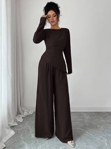 SHEIN Raffinéa 女款純色圓領抓皺不對稱下擺長袖兩件套 - 棕色 - 查看 5