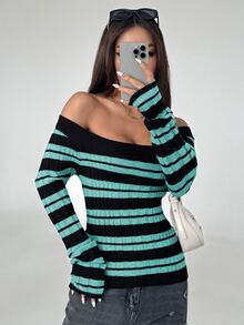 Flirla Women's Casual Striped Off-Shoulder Long Sleeve Sweater - Mint Blue - View 4