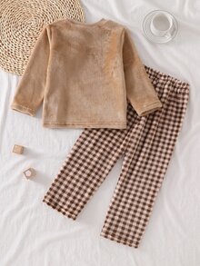 Genkimix Kids 男童灰色毛絨格紋長袖上衣與長褲休閒舒適兩件式居家服套裝 - 卡其色 - 查看 2