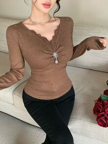 Feyla New Design Lace Patchwork V-Neck Slim Fit Flattering Elegant Base Layer Party T-Shirt Top - Brown - View 4