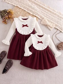 SHEIN Baby Girl Bowknot Decor Colorblock Pleated Casual Knit Dress - Red - View 9