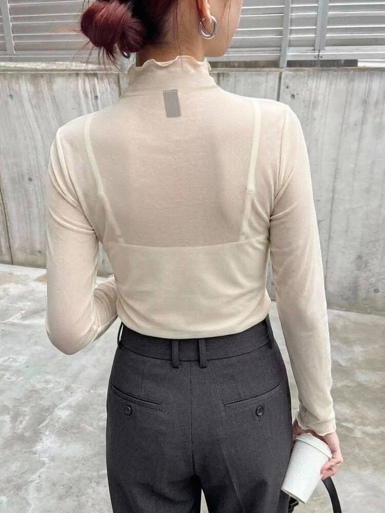 FRIFUL Women's Solid Color Stand Collar Fitted Mesh Top Sheer Long Sleeve Women Tops Stand Collar Women - Beige - View 2