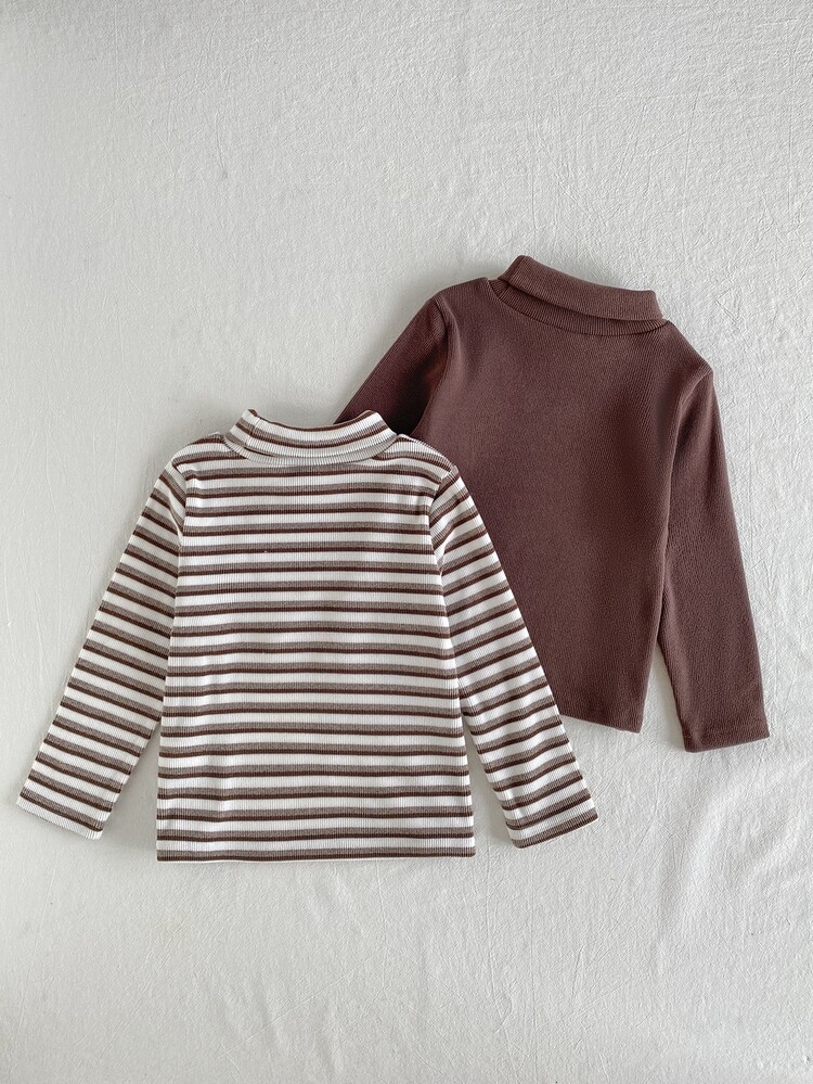 SHEIN Playful Pals 2Pcs Young Boy Long Sleeve T-Shirt Preppy Cute Brown White Striped Ribbed Knit Patch Long Sleeve Mock Neck Regular Outdoor Holiday Fall Cozy Tops - Multicolor - View 2