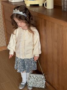 DAZY Cardigan Rajut Kancing Tunggal untuk Bayi Perempuan dengan Hiasan Rumbai, Leher Bulat, Lengan Panjang, dan Renda Kontras - Krem - View 8