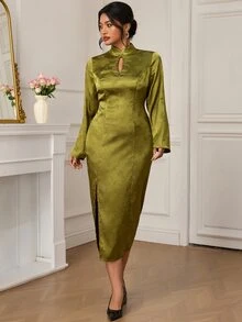 EastFlair Plus Size Elegant Elegant Frog Button Side Slit Dress - Green - View 6