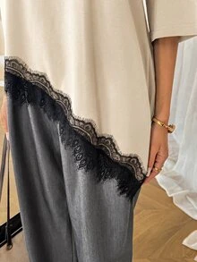 Easowa 女款黑色夏季休閒純色不對稱下擺蕾絲拼接T恤，柔軟基礎日常上衣，適合早午餐、度假、秋季假期休閒穿著 - 杏色 - 查看 6