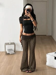 Coolane 女款黑色街頭風百搭復古側抽繩 Y2K 喇叭長褲 - 棕色 - 查看 2
