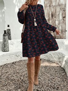SHEIN VCAY Casual Minimalist Ditsy Floral Pattern Loose Round Neck Plus Size Dress Suitable For Autumn/Winter - Multicolor - View 5
