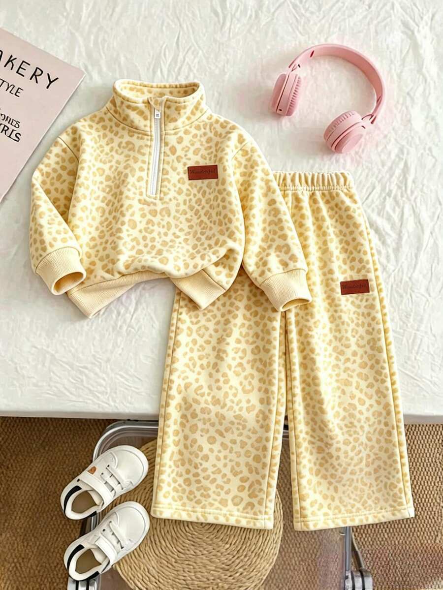 女嬰 2件套休閒時尚春秋冬女孩立領衛衣與寬腿運動褲套裝,甜美酷粉豹紋印花圖案,外出套裝,柔軟面料,時尚寬腿褲款式,春秋冬女孩服裝套裝,女孩寬腿褲套裝 - 彩色 - 查看 1