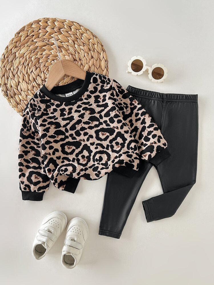 SHEIN Baby Girl Baby Girl Knit Leopard Print Loose Casual Minimalist Comfortable Crew Neck Pullover Sweatshirt And Long Pants 2 Pieces Set - Multicolor - View 2