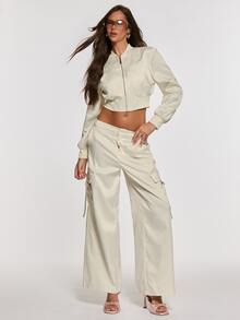 Opulessa Fall/Winter Women's Solid Color Long Sleeve Zipper Front Cropped Baseball Jacket And Cargo Wide Leg Pants Casual 2 Pieces Set - Apricot - View 5
