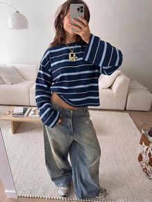 SHEIN EZwear 海外長袖淺藍色與海軍藍條紋襯衫，秋季上衣，適合日常通勤、聚會、秋冬春夏、聖誕節、新年、感恩節、派對、婚禮、海灘、畢業典禮、優雅、外出、約會、通勤、情人節、優雅、度假、Y2K、畢業典禮等場合 - 彩色 - 查看 6