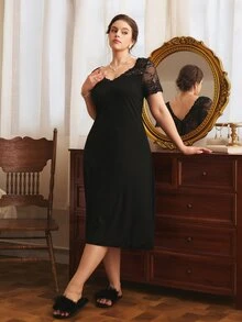 Côtesoire Plus Size Women's French Elegant Lace Long Nightgown - Black - View 3