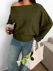 Sunnyshic Plus Size Sexy Off-Shoulder Solid Color Knit Sweater Fall - Green - View 4