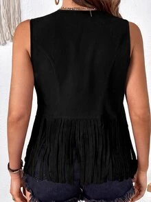 Freevana Boho Vacation Western Suede Fringe Vest Jacket - Black - View 2