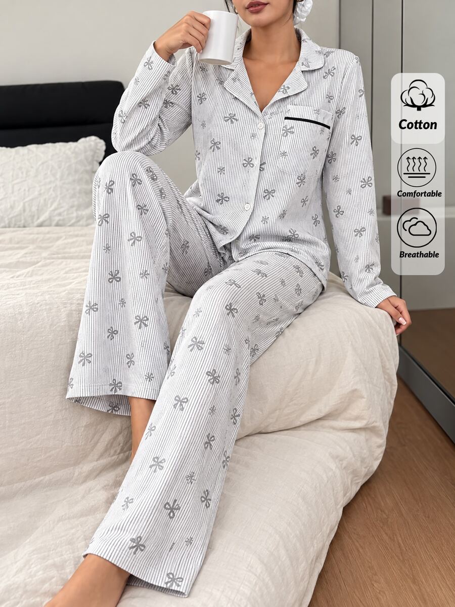 SHEIN Classic Button Front Bow Printed Pajama Set – Soft Long Sleeve Top & Comfy Straight Leg Pants - Grey - View 1