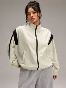 EMERY ROSE Plus Size Women's Colorblock Long Sleeve Zip-Up Casual Jacket - Beige - View 4